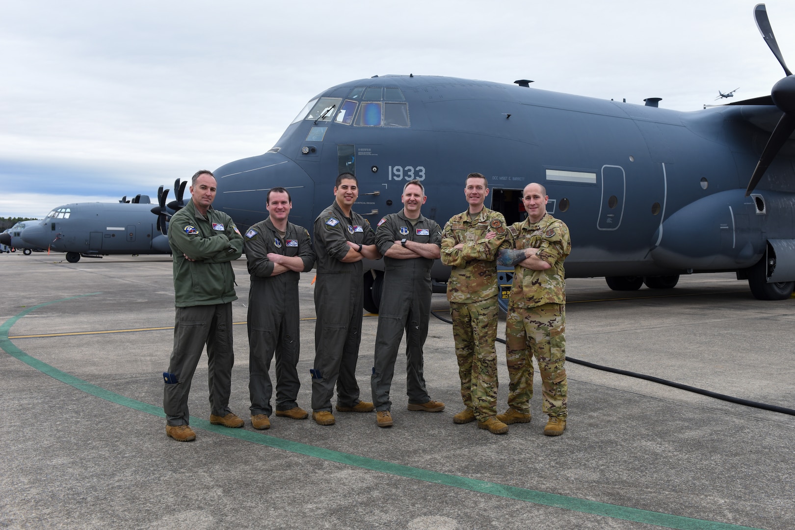 The aircrew for an EC-130J assigned to the 189th Airlift Wing poses for a group photo Feb. 7, 2025. The crew conducted the first training flight in a J-model C-130 for the Arkansas Air National Guard, an important step toward fleet modernization for the Air National Guard.