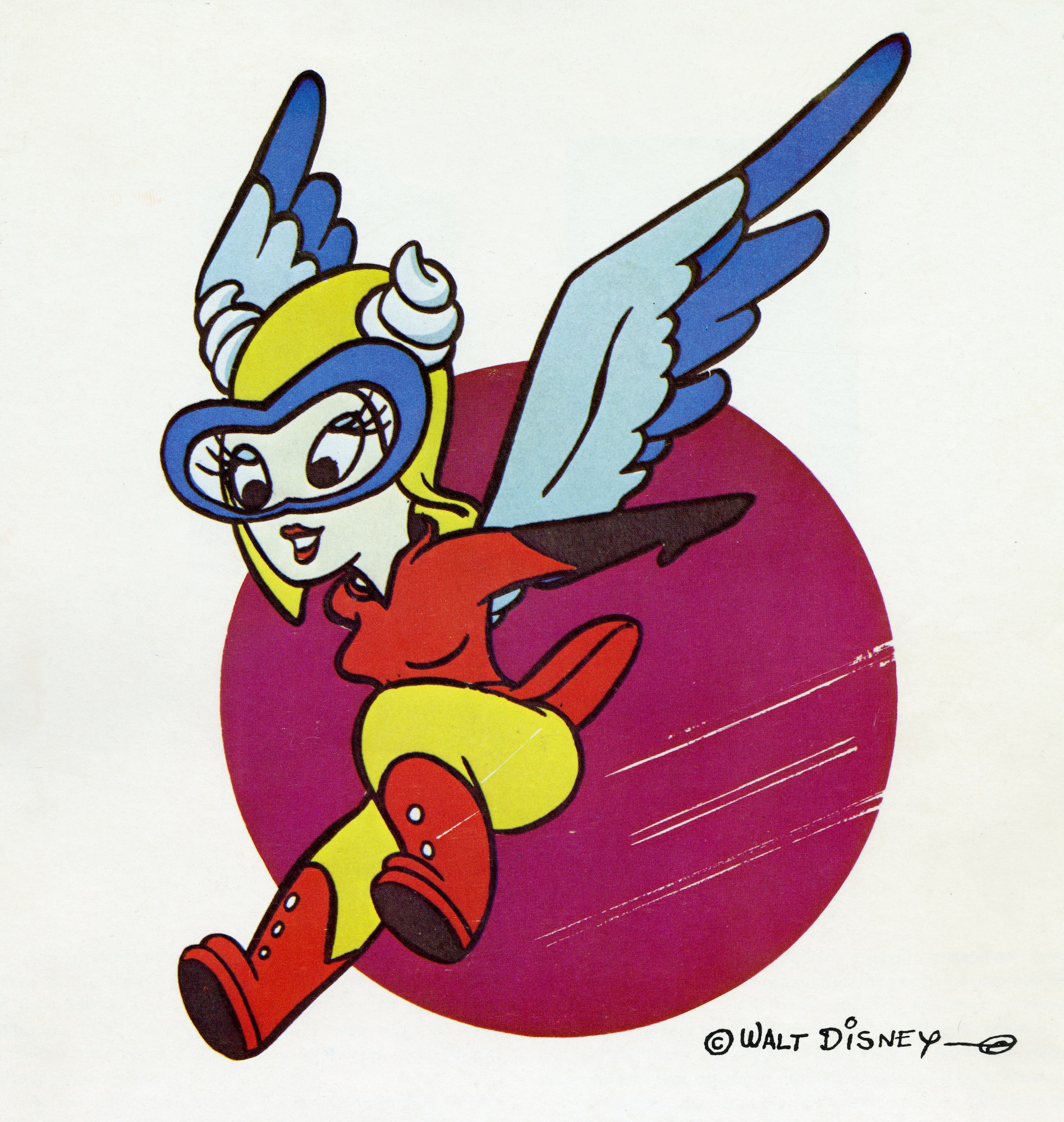 cartoon woman with large blue wings attached to her back, wearing yellow flight cap and blue rimmed goggles flying through the air with arms stretched backward and legs out front, set upon a burgundy circle.