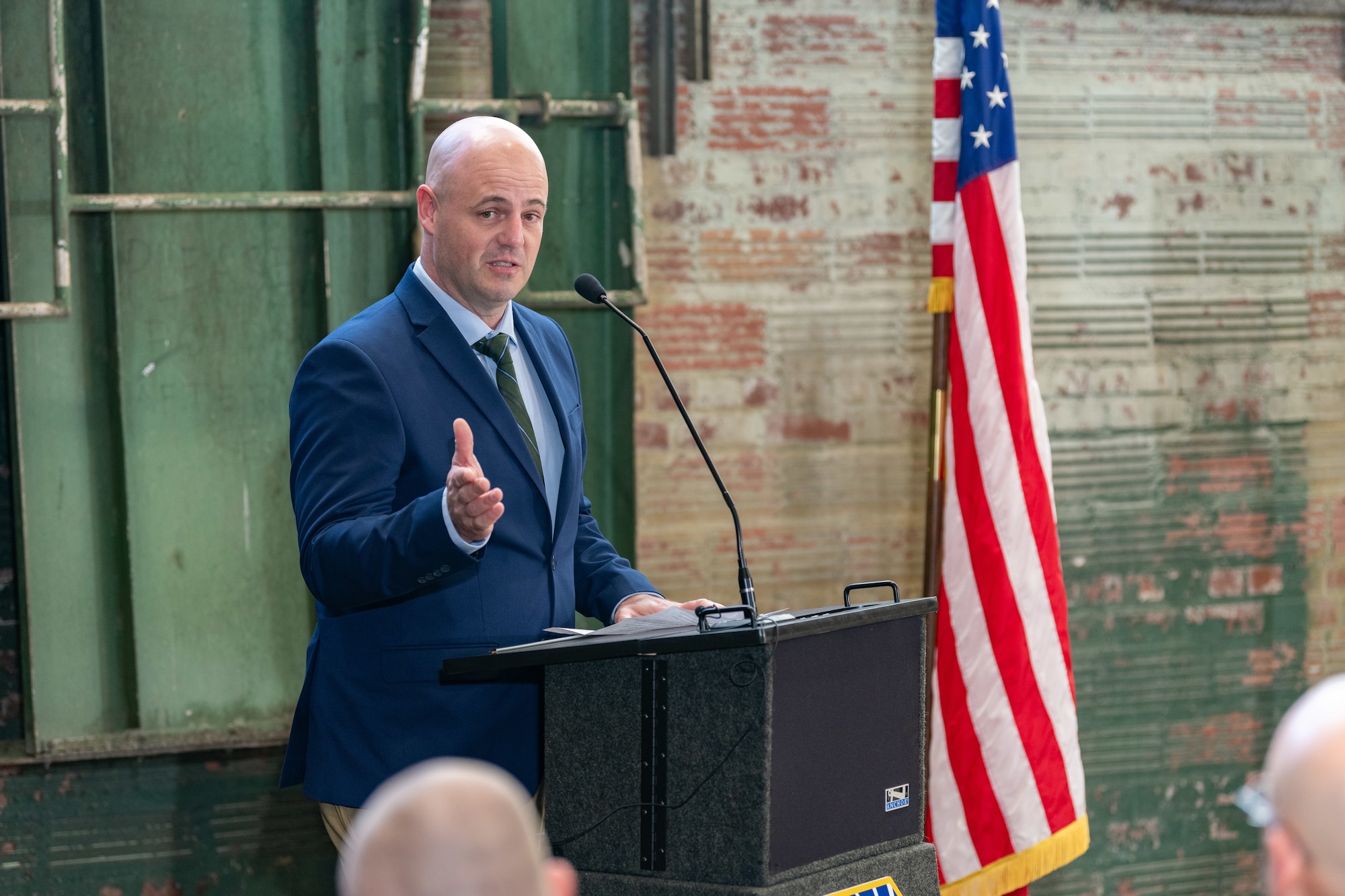 Dustin Boss speaks after assuming leadership of the Arnold Engineering Development Complex 804th Test Support Squadron during an Assumption of Leadership ceremony Dec. 2, 2024, at Arnold Air Force Base, Tenn., headquarters of AEDC. (U.S. Air Force photo by Keith Thornburgh)