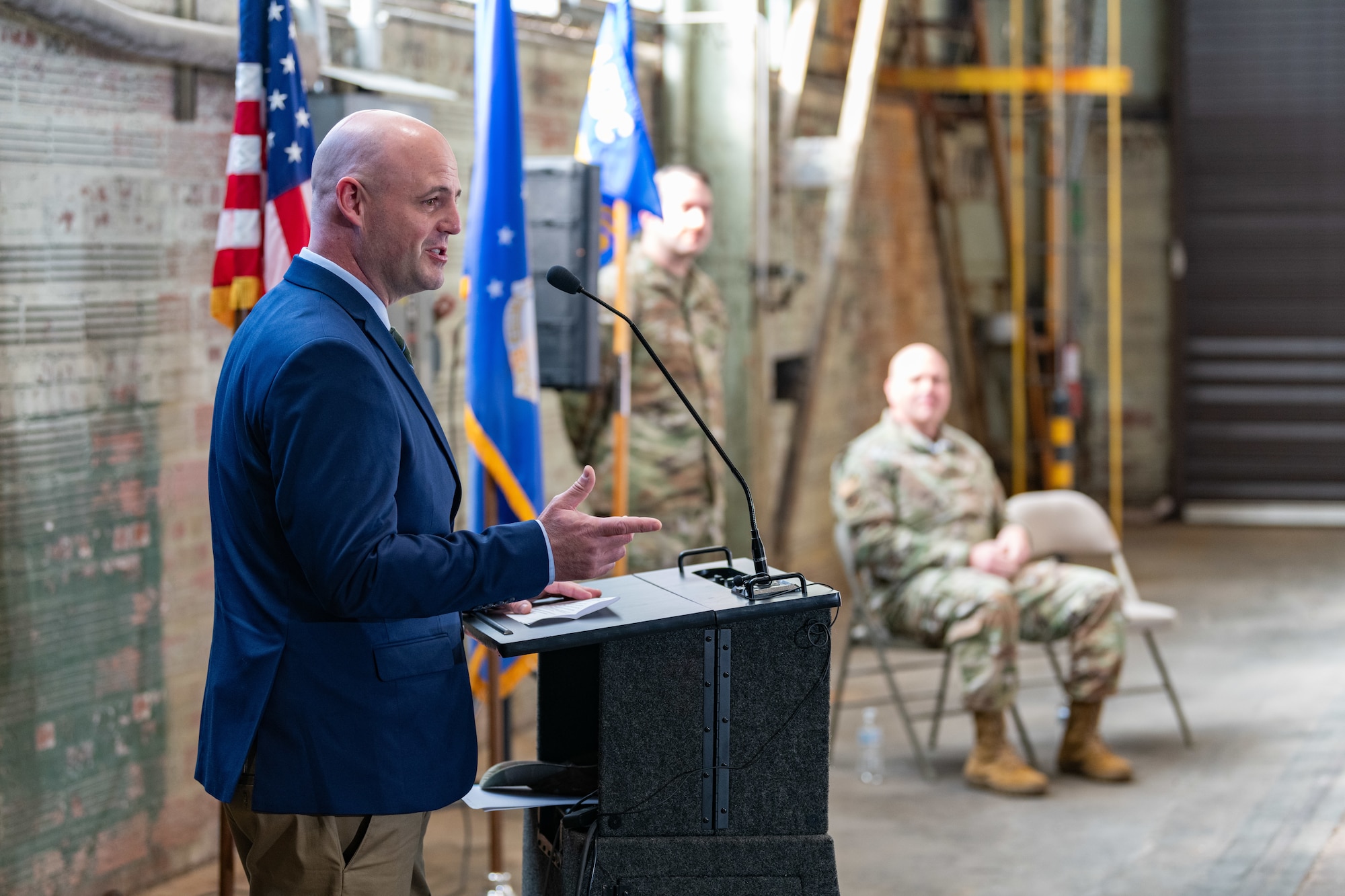 Dustin Boss speaks after assuming leadership of the Arnold Engineering Development Complex 804th Test Support Squadron during an Assumption of Leadership ceremony Dec. 2, 2024, at Arnold Air Force Base, Tenn., headquarters of AEDC. (U.S. Air Force photo by Keith Thornburgh)