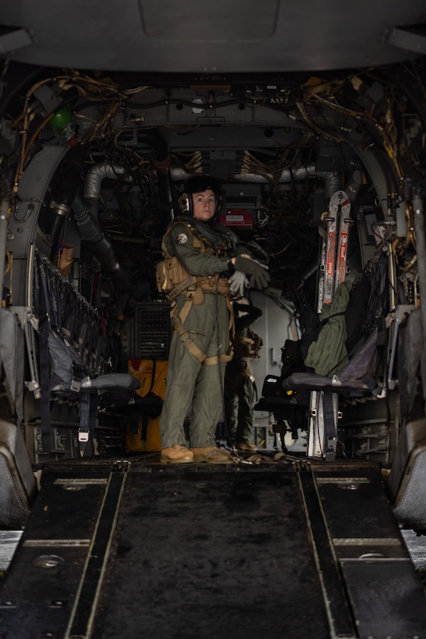 U.S. Marine Corps Gunnery Sgt. Jami Pitcock, a crew chief with Marine Medium Tiltrotor Squadron (VMM) 774, Marine Aircraft Group 49, 4th Marine Aircraft Wing, inspects an MV-22B Osprey, tiltrotor aircraft, Naval Air Station Joint Reserve Base New Orleans, Belle Chasse, Louisiana, Feb. 9, 2025. The Marine Corps is the lead service for Super Bowl LIX flyover, participating in multiple events throughout the week exhibiting pride leading up to the U.S. Marine Corps 250th birthday. (U.S. Marine Corps photo by Sgt. Scott Jenkins)
