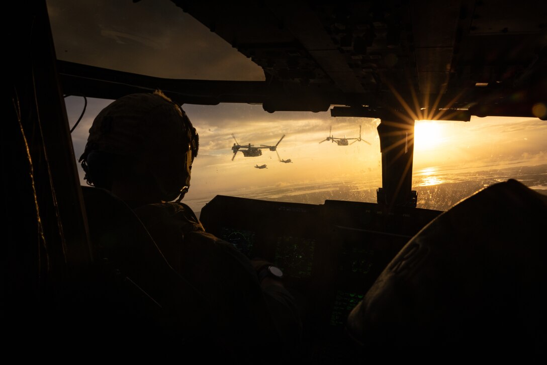 U.S. Marine Corps MV-22B Ospreys, tiltrotor aircraft, with Marine Medium Tiltrotor Squadron (VMM) 774 and VMM-764 perform a formation flight over New Orleans, Feb. 9, 2025. The Marine Corps is the lead service for Super Bowl LIX flyover, participating in multiple events throughout the week exhibiting pride leading up to the U.S. Marine Corps 250th birthday. (U.S. Marine Corps photo by Sgt. Scott Jenkins)