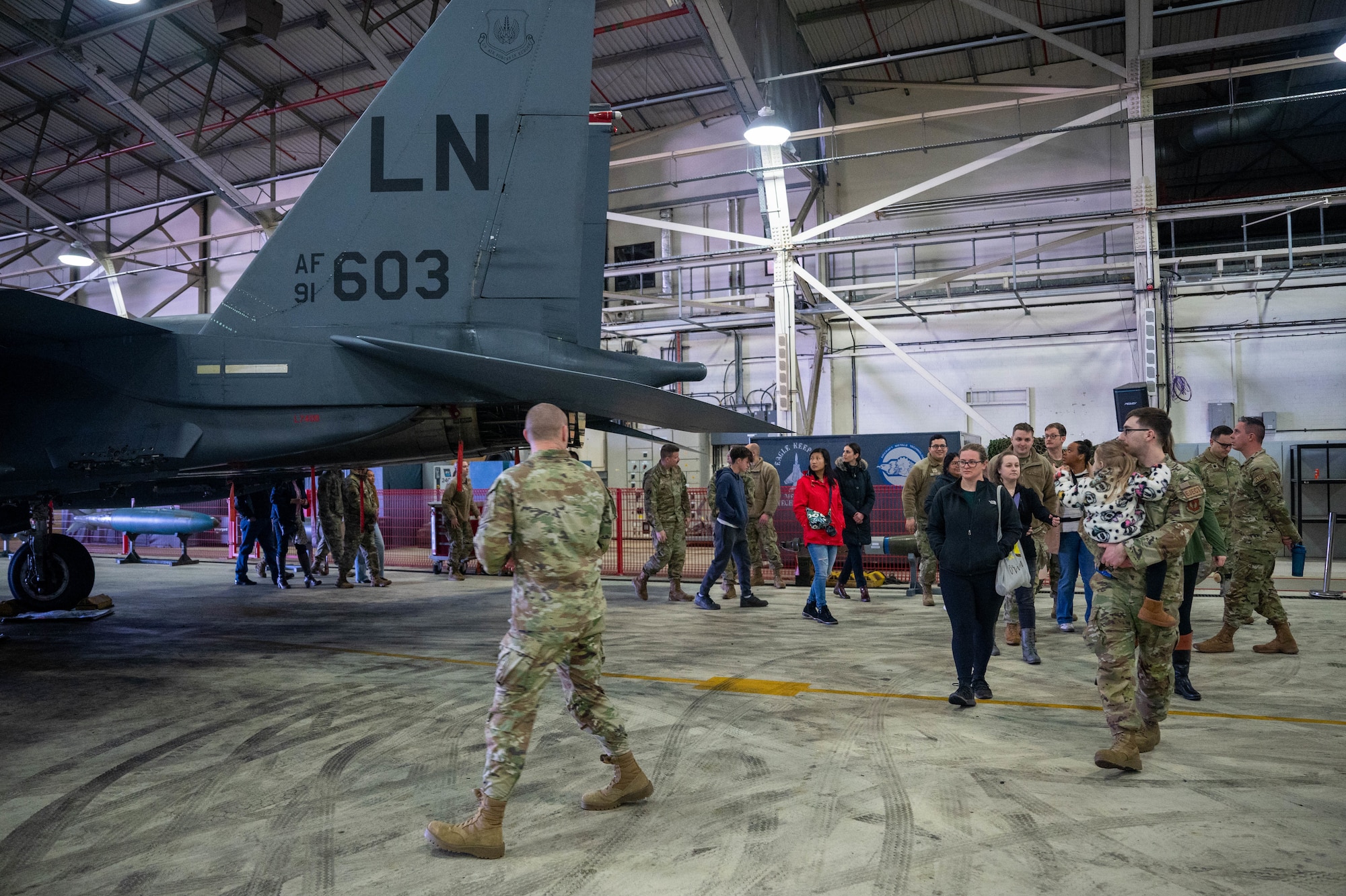 Airmen assigned to the 48th Component Maintenance Squadron, and their families, tour an F-15E Strike Eagle aircraft.