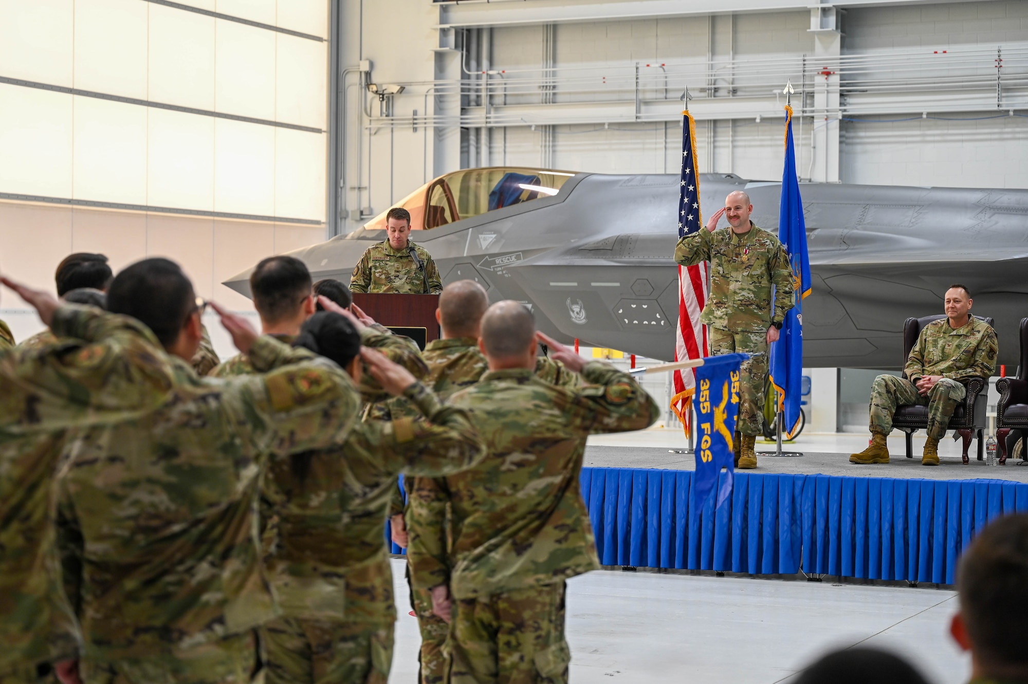 U.S. Air Force Maj. Joshua Casey, 355th Fighter Generation Squadron outgoing commander, renders a final salute to the formation during a change of command ceremony at Eielson Air Force Base, Alaska, Feb. 7, 2025.