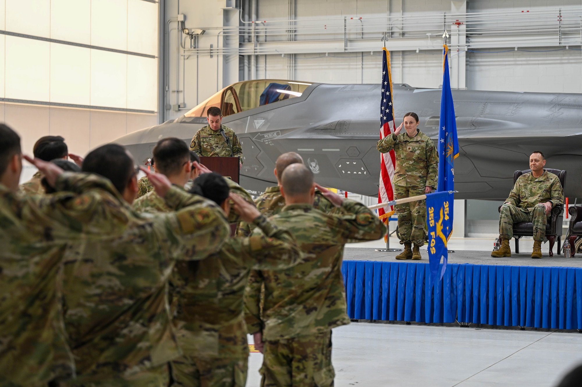 U.S. Air Force Maj. Allana Gallant, 355th Fighter Generation Squadron incoming commander, renders an initial salute to the formation during a change of command ceremony at Eielson Air Force Base, Alaska, Feb. 7, 2025.
