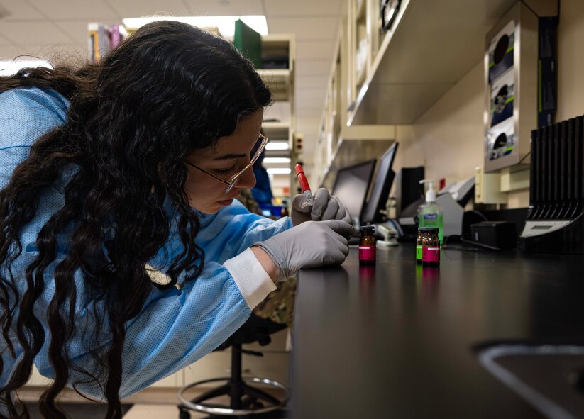 Luisa Rodriguez, 5th Medical Operations Squadron laboratory technician, prepares chemistry quality control material at Minot Air Force Base, North Dakota, Jan. 29, 2025. Chemistry quality control is the process of ensuring chemical products meet quality standards. (U.S. Air Force photo by Senior Airman Alyssa Bankston)