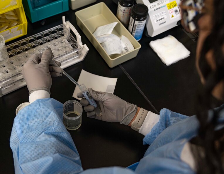 Luisa Rodriguez, 5th Medical Operations Squadron laboratory technician, prepares urine specimens at Minot Air Force Base, North Dakota, Jan. 29, 2025. Laboratory technicians' responsibilities include receiving, testing, analyzing, recording and reporting the results of their tests. (U.S. Air Force photo by Senior Airman Alyssa Bankston)
