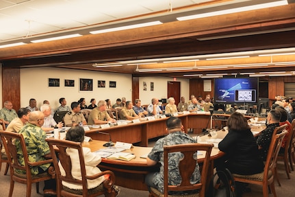 Guam Gov. Lourdes Leon Guerrero and Rear Adm. Greg Huffman, commander of Joint Task Force-Micronesia, convene the Civil-Military Coordination Council (CMCC) at the Ricardo J. Bordallo Complex in Adelup.