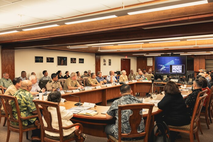 Guam Gov. Lourdes Leon Guerrero and Rear Adm. Greg Huffman, commander of Joint Task Force-Micronesia, convene the Civil-Military Coordination Council (CMCC) at the Ricardo J. Bordallo Complex in Adelup.