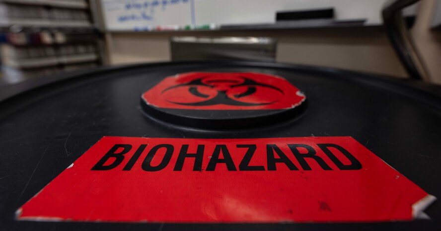 A barrel for biohazardous materials sits in the 5th Medical Group’s laboratory at Minot Air Force Base, North Dakota, Jan. 29, 2025. A biological hazard, or biohazard, can be biological substances, microorganisms, viruses or toxins, that can adversely affect human health. (U.S. Air Force photo by Senior Airman Alyssa Bankston)