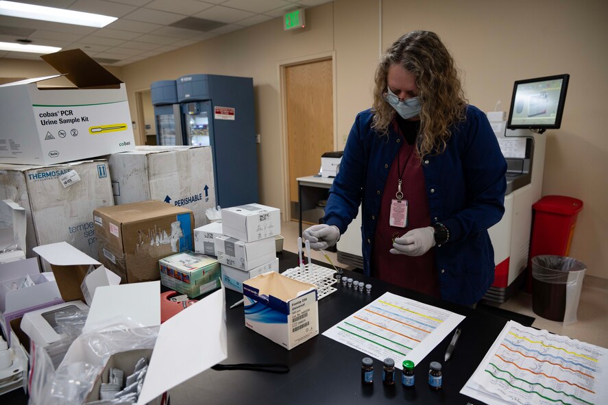 U.S. Air Force Staff Sgt. Shamar Young, 5th Medical Operations Squadron laboratory technician, scans blood specimens in preparation for shipment at Minot Air Force Base, North Dakota, Jan. 29, 2025. The samples are collected here at Minot AFB and then shipped offsite to be tested. (U.S. Air Force photo by Senior Airman Alyssa Bankston)
