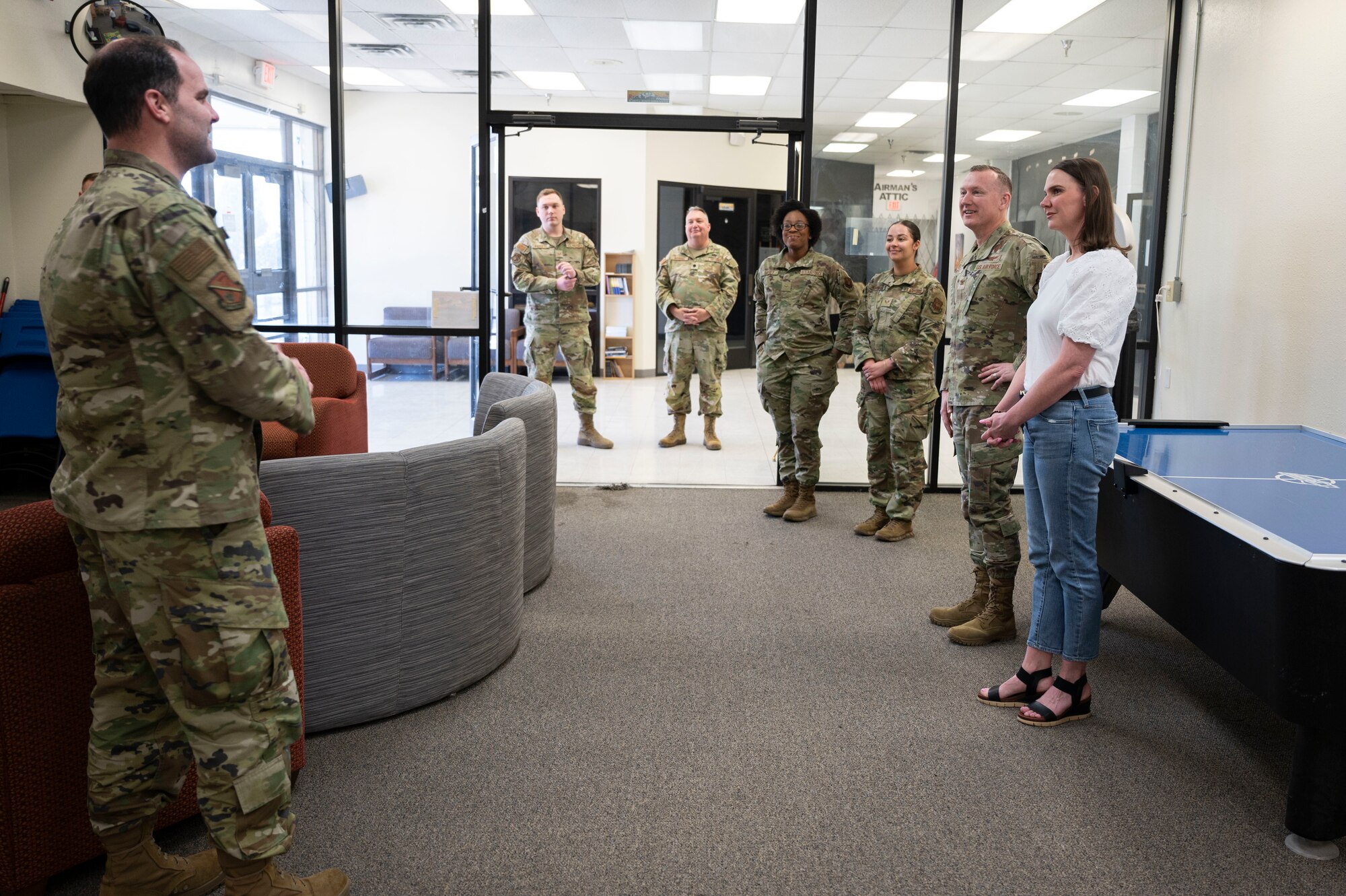 A group speaks to each other.