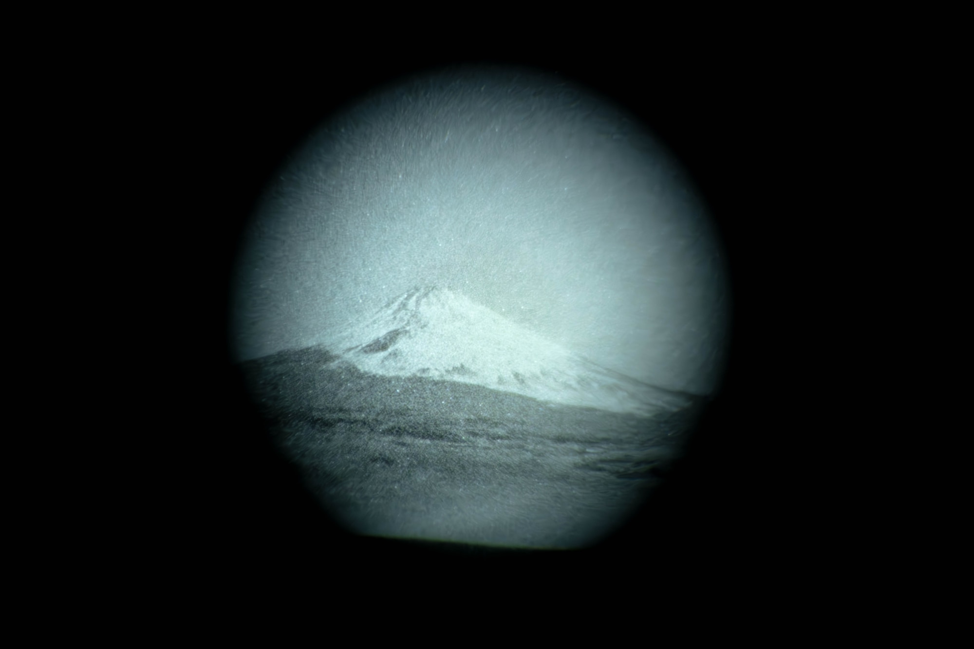 Mount Fuji is displayed through night vision goggles