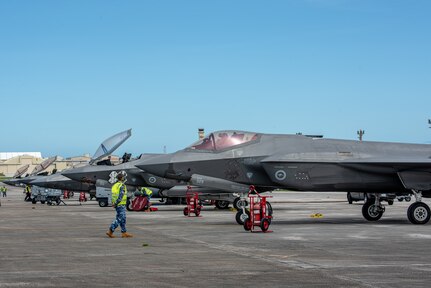 A Royal Australian Air Force maintainer prepares to work on a F-35A Lightning II for exercise Cope North 25, at Andersen Air Force Base, Guam, Jan. 29, 2025.