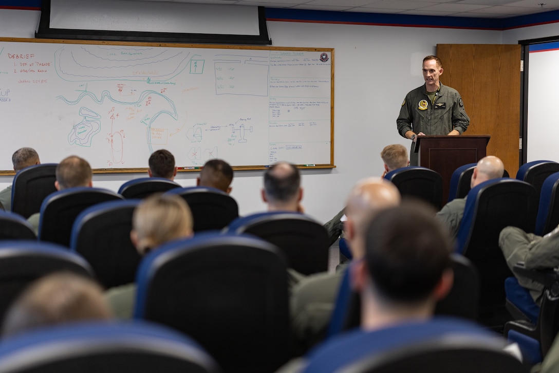 U.S. Marine Corps Lt. Col. Brian Hansell, the battalion commander of Marine Fighter Attack Squadron (VMFA) 542, gives a pre-flight brief on a formation flight for Super Bowl LIX, Naval Air Station Joint Reserve Base New Orleans, Belle Chasse, Louisiana, Feb. 9, 2025. The Marine Corps is the lead service for Super Bowl LIX flyover, participating in multiple events throughout the week exhibiting pride leading up to the U.S. Marine Corps 250th birthday. (U.S. Marine Corps photo by Sgt. Scott Jenkins)