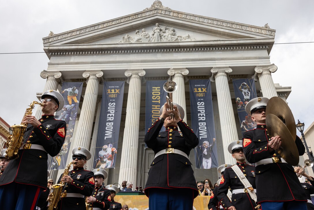 The Marine Forces Reserve Band performs in front of Gallier Hall during the Super Bowl LIX parade, New Orleans, Feb. 8, 2025. The Marine Corps is the lead service for Super Bowl LIX, participating in multiple events throughout the week exhibiting pride leading up to the U.S. Marine Corps’ 250th birthday. (U.S. Marine Corps photo by Sgt. Scott Jenkins)
