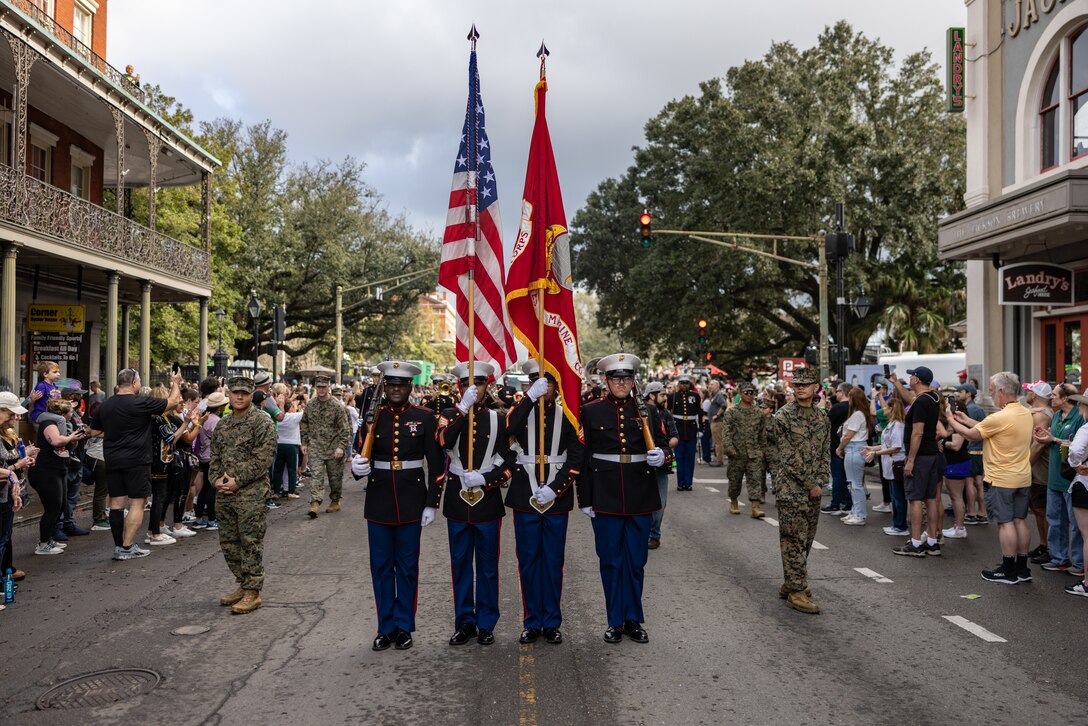 The Marine Forces Reserve and Marine Forces South color guard leads the Super Bowl LIX parade, New Orleans, Feb. 8, 2025. The Marine Corps is the lead service for Super Bowl LIX, participating in multiple events throughout the week exhibiting pride leading up to the U.S. Marine Corps’ 250th birthday. (U.S. Marine Corps photo by Sgt. Scott Jenkins)