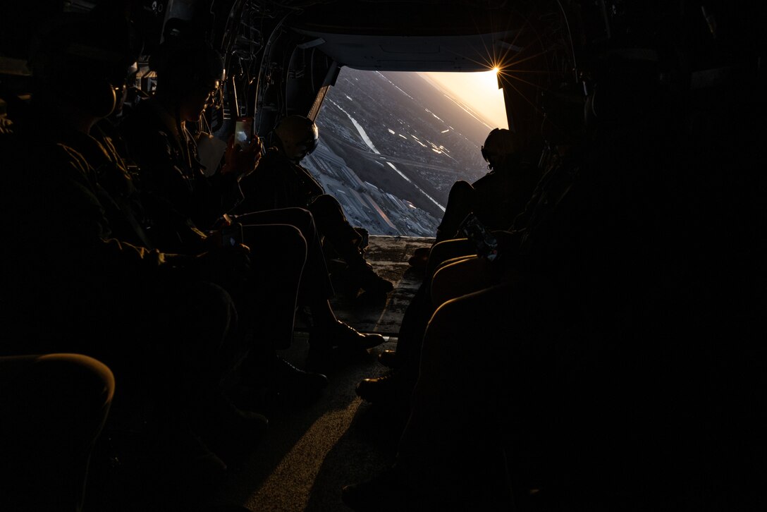 U.S. Marine Corps MV-22B Ospreys, tiltrotor aircraft, with Marine Medium Tiltrotor Squadron (VMM) 774 and VMM-764 perform a formation flight over New Orleans, Feb. 7, 2025. The Marine Corps is the lead service for Super Bowl LIX flyover, participating in multiple events throughout the week exhibiting pride leading up to the U.S. Marine Corps 250th birthday. (U.S. Marine Corps photo by Sgt. Scott Jenkins)