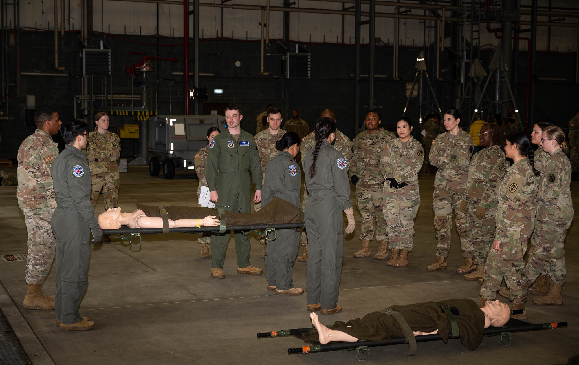 U.S. Airmen assigned to the 86th Aeromedical Evacuation Squadron, train U.S. Army service members on litter commands during the 68T Army Symposium annual training at Ramstein Air Base, Germany, Feb. 5, 2025. The symposium took place from Feb. 3-7, 2025. This was the first symposium that incorporated the Critical Care Air Transport Team, 86th AES and animal care specialists, providing familiarity for the service members on the entire continuum of care for a military working dog. (U.S. Air Force photo by Senior Airman Jared Lovett)