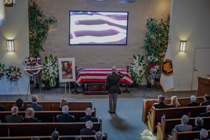 Lt. Gen. Jon Stubbs, the 23rd director of the Army National Guard, and his wife, Jane, attend retired Lt. Gen. Herbert Temple's funeral in Cathedral City, Calif., Jan. 24, 2025. Stubbs gave a eulogy to friends and family of Temple at his memorial service.