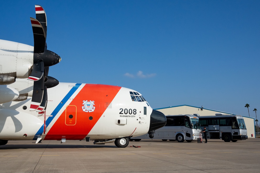 A U.S. Coast Guard C-130 Hercules crew prepares for an alien expulsion flight in San Diego, California, Feb. 10, 2025. The Coast Guard continues to surge assets and personnel from across the nation to enhance presence in key areas and secure U.S. borders and maritime approaches.