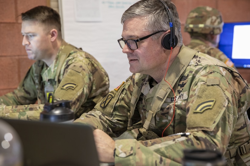 Chief Warrant Officer 5 Aaron E. Teichner, the aviation mission survivability officer with the New York National Guard’s 42nd Infantry Division, participates in the division’s Warfighter 25-3 exercise at Fort Indiantown Gap, Pa., Jan. 29, 2025. More than 1,300 National Guard Soldiers participated in the massive command post exercise, participating around the clock, making decisions involving logistics, intelligence, operations and tactics. (U.S. Army photo by Sgt. Grace Nechanicky, 42nd Inf. Div. public affairs)