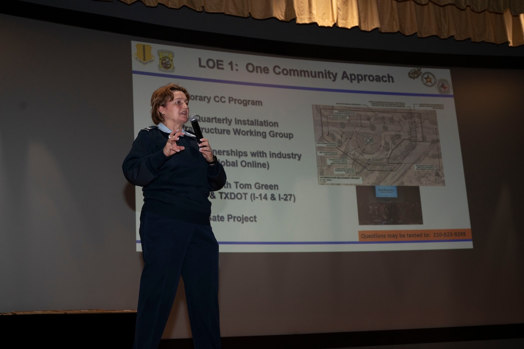 U.S. Air Force Col. Angelina Maguinness, 17th Training Wing commander, speaks at the first Commander’s All-Call and 4th Quarterly Awards Ceremony at the base theater, Goodfellow Air Force Base, Texas, Feb. 7, 2025. Maguinness addressed key initiatives designed to enhance mission effectiveness, align units for operational efficiency and ensure readiness. (U.S. Air Force photo by Senior Airman Sarah Williams)