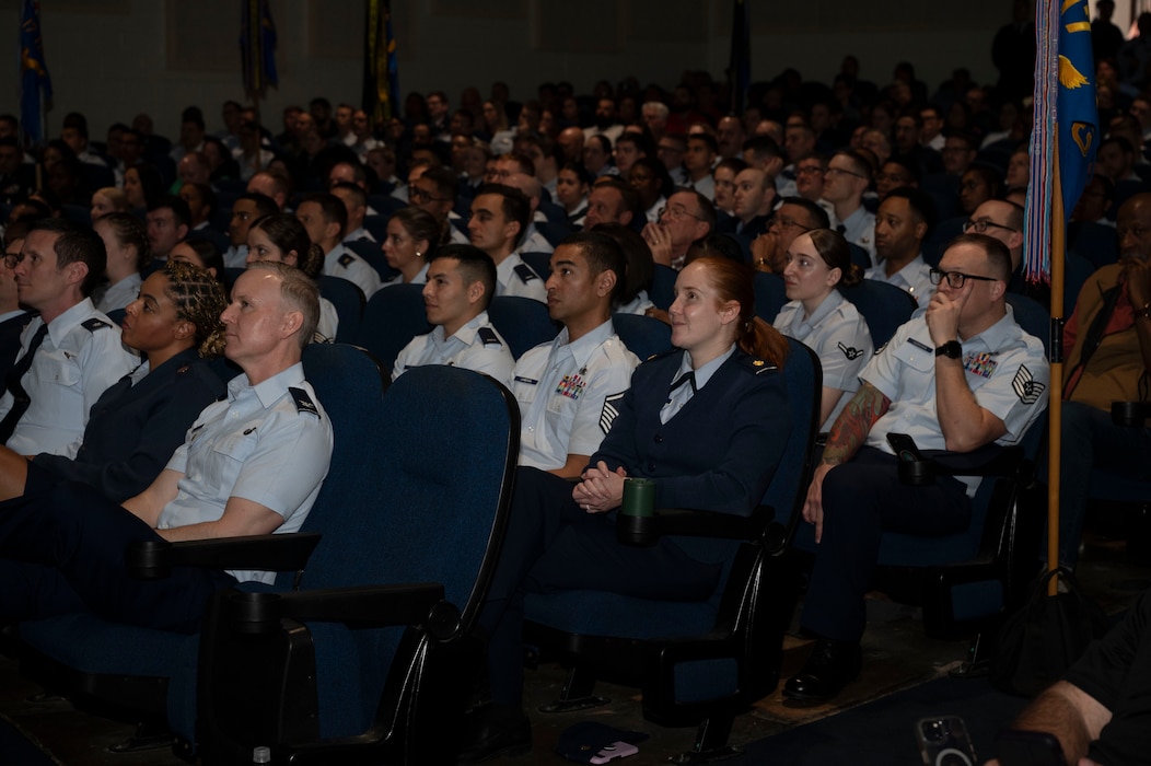 Members of the 17th Training Wing attend the Commander’s All-Call and 4th Quarterly Awards Ceremony at the base theater, Goodfellow Air Force Base, Texas, Feb. 7, 2025. Following U.S. Air Force Col. Angelina Maguinness, 17th Training Wing commander, the ceremony shifted to quarterly awards, a tradition that honors exceptional individuals for their outstanding contributions to the 17th TRW mission.  (U.S. Air Force photo by Senior Airman Sarah Williams)