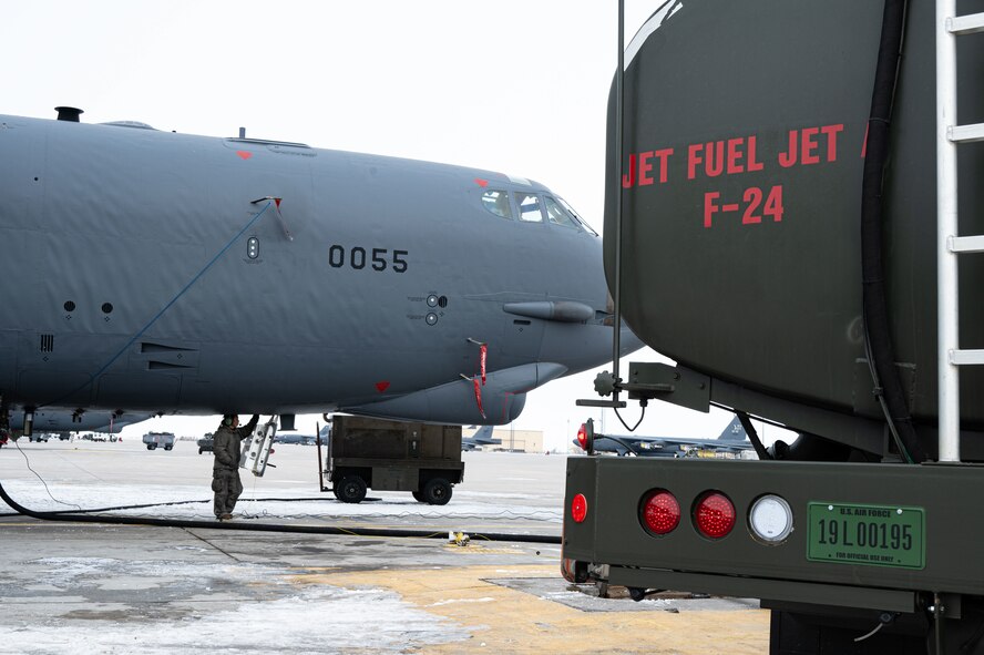 A B-52H Stratofortress is refueled at Minot Air Force Base, North Dakota, Jan. 29, 2025. Ensuring aircrafts are fueled and ready for missions is a top priority for the 5th Logistics Readiness Squadron's petroleum, oils and lubricants. (U.S. Air Force photo by Airman 1st Class Padilla)