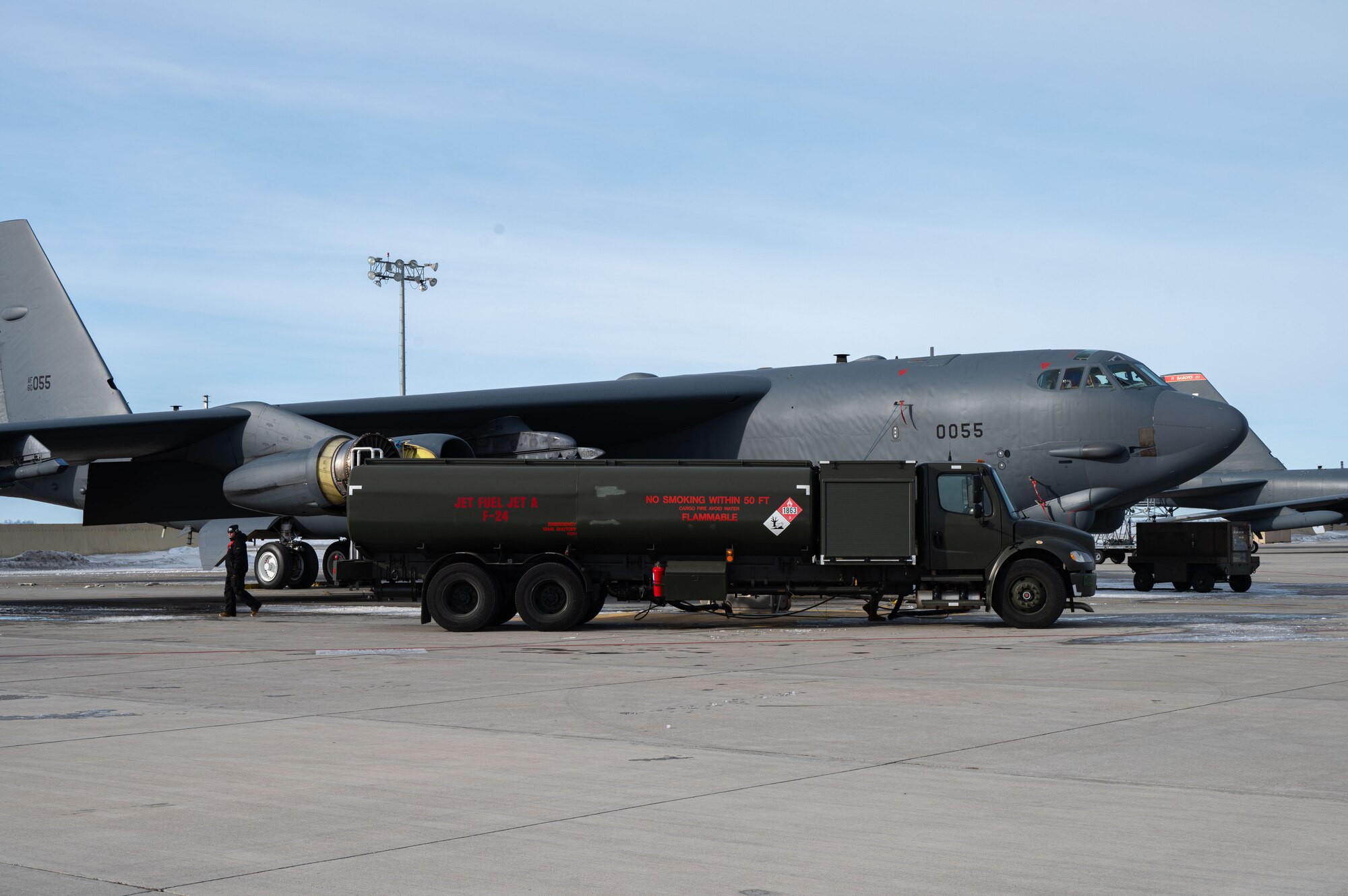 A B52-H Stratofortress receives a fuel systems check at Minot Air Force Base, North Dakota, Jan. 29, 2025. The 5th Logistics Readiness Squadron's petroleum, oils and lubricants run frequent checks on aircraft. (U.S. Air Force photo by Airman 1st Class Padilla)