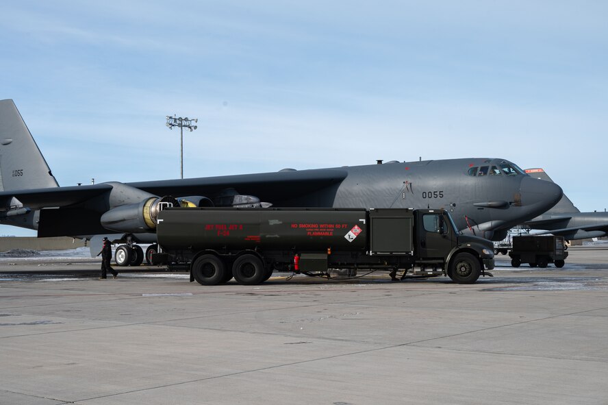 A B52-H Stratofortress receives a fuel systems check at Minot Air Force Base, North Dakota, Jan. 29, 2025. The 5th Logistics Readiness Squadron's petroleum, oils and lubricants run frequent checks on aircraft. (U.S. Air Force photo by Airman 1st Class Padilla)