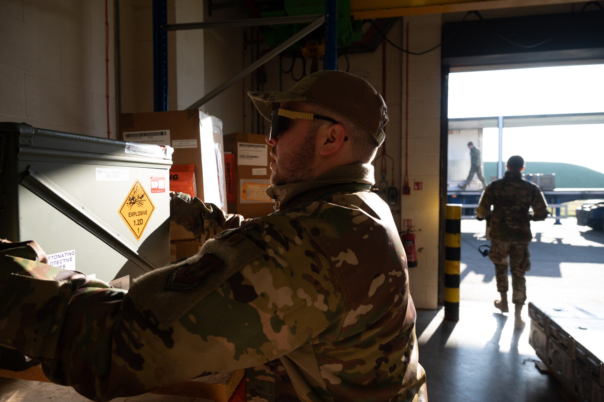 U.S. Air Force Airman 1st Class Hudson Bossen, 420th Munitions Squadron shipping and receiving technician, transports munitions