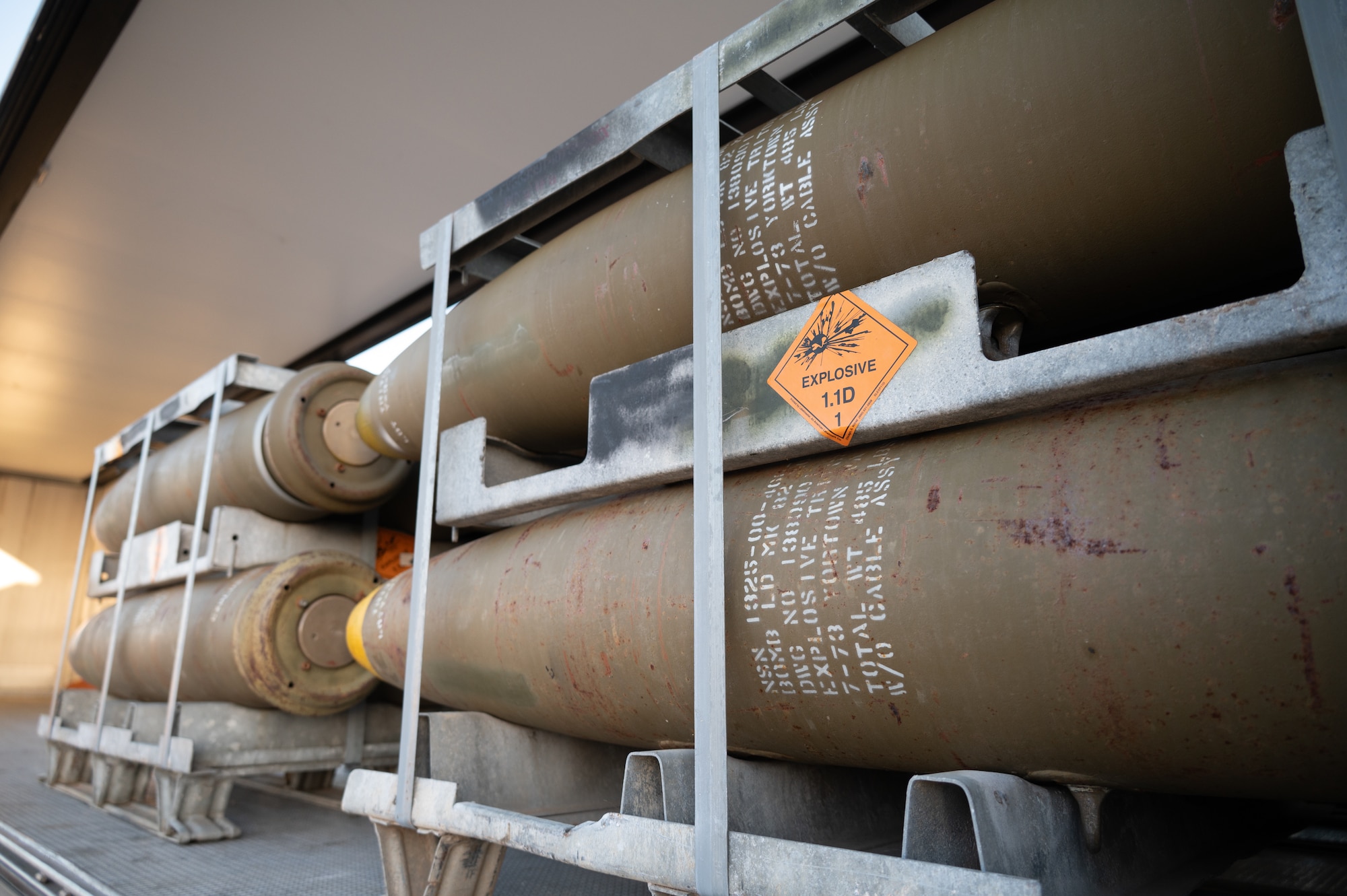 munitions sits on a truck preparing for transport
