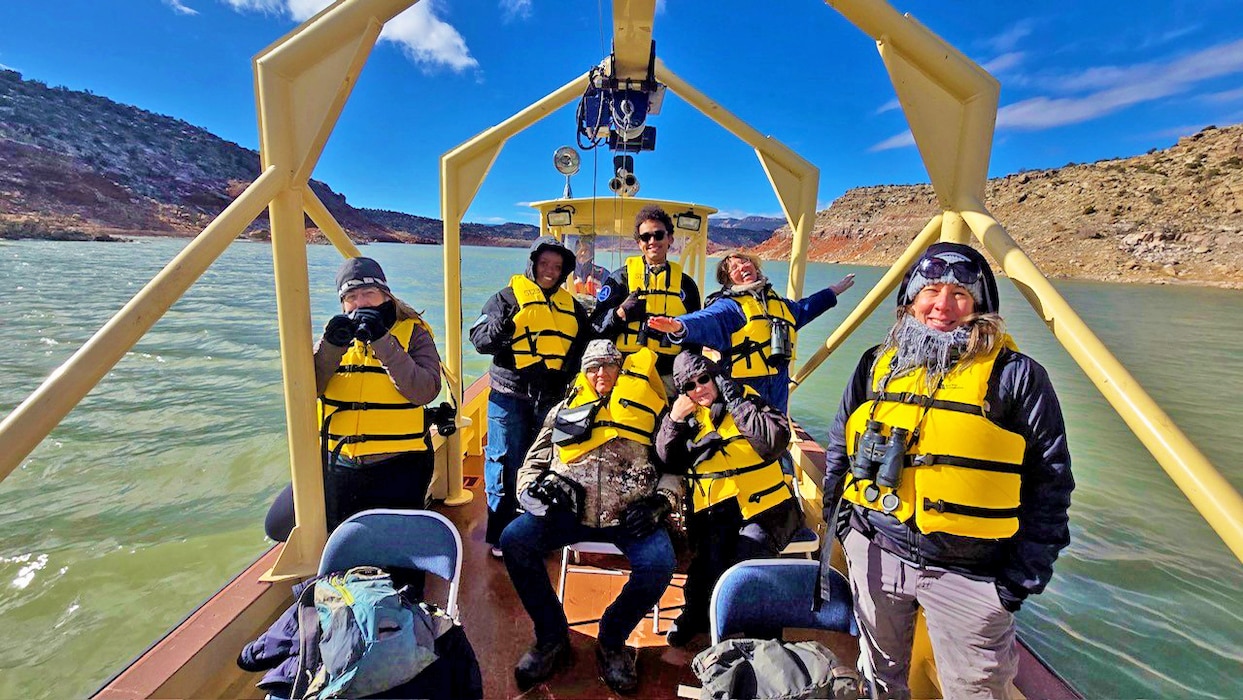 Some of the volunteers went out on lake on the patrol boat to observe eagles during the Abiquiu Lake midwinter eagle survey, Jan. 11, 2025.