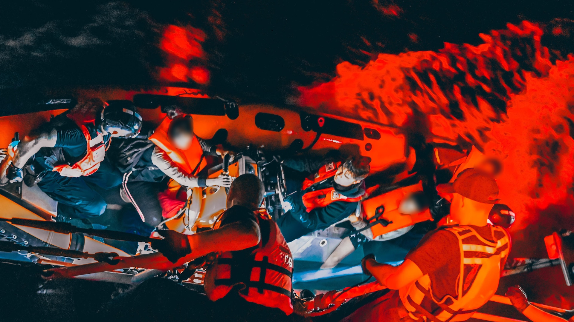 Crew members from U.S. Coast Guard Cutter Manowar embarking Cuban aliens approximately 15 miles southwest of Gun Cay, Bahamas, Feb. 7, 2025. A total of 16 Cuban aliens were interdicted and repatriated. (U.S. Coast Guard photo)