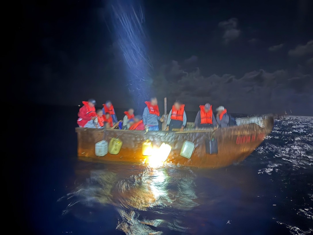 Cuban aliens approximately 15 miles southwest of Gun Cay, Bahamas, Feb. 7, 2025. A total of 16 Cuban aliens were interdicted and repatriated. (U.S. Coast Guard photo)