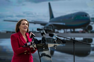 Florida Congresswoman Kathy Castor, 14th District Congressional Representative, delivers remarks during the KC-46 Pegasus groundbreaking ceremony at MacDill Air Force Base, Florida, Jan. 28, 2025.