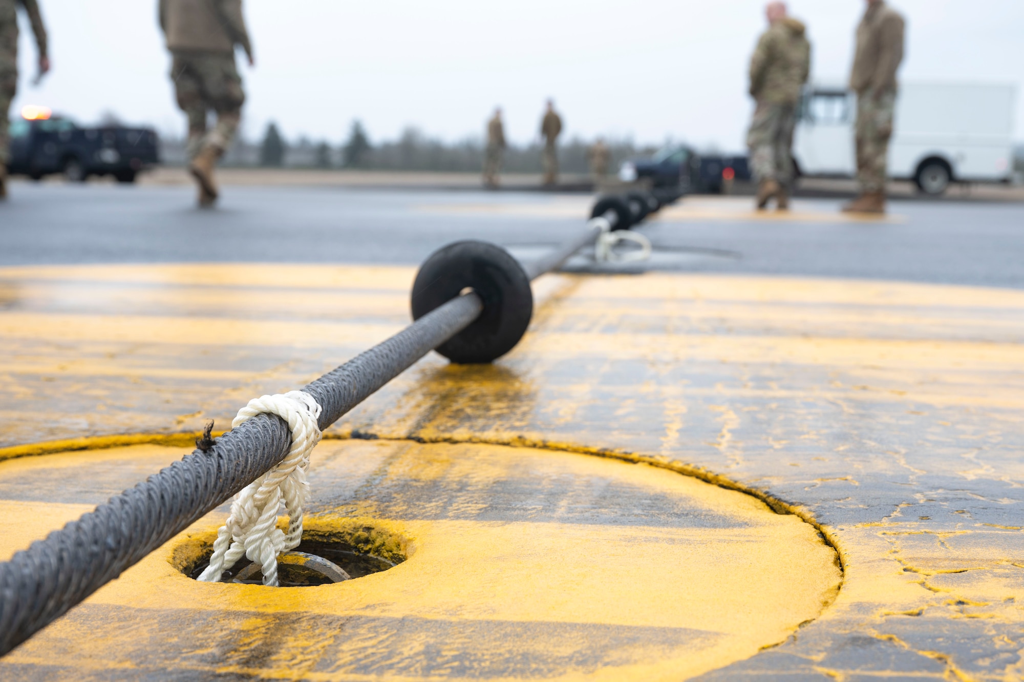 The 627th Civil Engineer Squadron conducted their annual aircraft arresting barrier system test in coordination with the 142nd Wing at Joint Base Lewis-McChord, Washington, Jan. 31, 2025. The Barrier Arresting Kit-12 system is a ground-based braking system designed to be used on a tail-hook equipped aircraft in emergency situations. This annual training ensures Team McChord Airmen maintain readiness to support transiting fighter jets.
