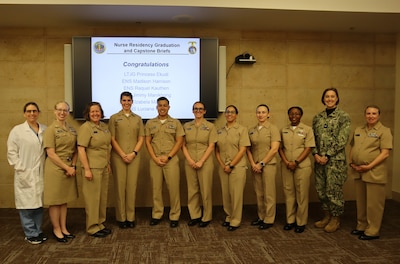 Naval Hospital Camp Pendleton graduated six nurses from the Nurse Residency Program during a graduation ceremony held Monday, Jan. 27, 2025, in the hospital galley meeting room aboard Marine Corps Base Camp Pendleton. “Our Nurse Residency Program is 12 weeks long with rotations and cross-training to several departments across the hospital including laboratory, post-anesthesia care unit, ambulatory procedure unit, intensive care unit; and the emergency department,” said Lt. Cmdr. Samantha Knight, a clinical nurse specialist in the hospital’s intensive care unit. Shown are Lt. Kendra Arias, former program co-chair; Lt. Cmdr. Samantha Knight, program co-chair; Navy Capt. Sara Naczas, director of nursing services; Ensign Izabela Marasco, graduate; Ensign Jimmy Manikhong, graduate; Ensign Madison Harrison, graduate; Ensign Raquel Kauthen, graduate; Ensign Luciana Poka, graduate; Lt. jg. Princess Ekudi, graduate; Navy Capt. Jenny Burkett, NHCP director, and Lt. Mary Hinson, program co-chair. For 250 years, Navy Medicine – represented by more than 44,000 highly-trained military and civilian healthcare professionals – has delivered quality healthcare and enduring expeditionary medical support to the warfighter on, below, and above the sea, and ashore.