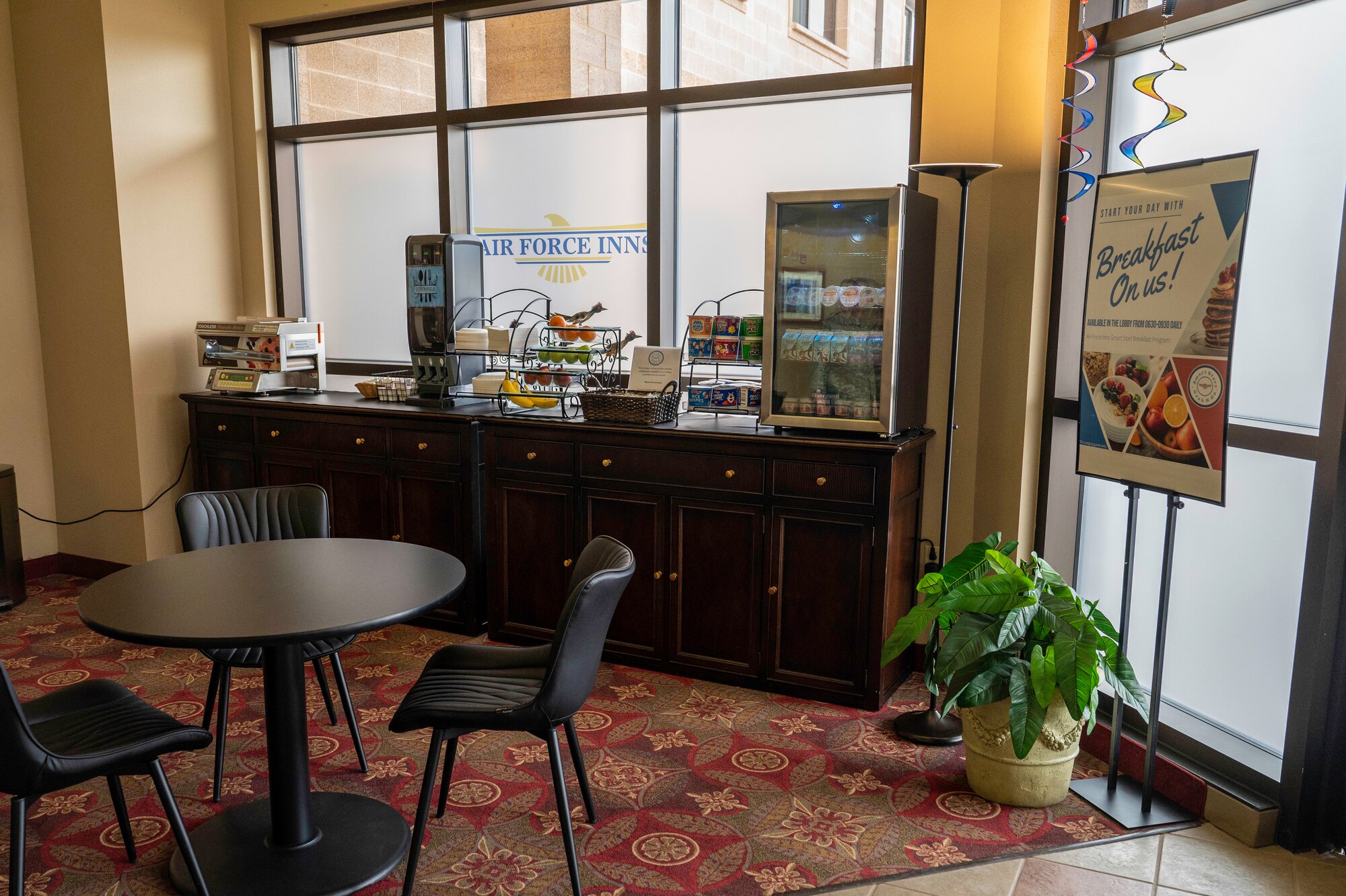 The newly implemented Smart Start Breakfast station awaits its next guest at the Roadrunner Inn at Kirtland Air Force Base, N.M., Feb. 10.