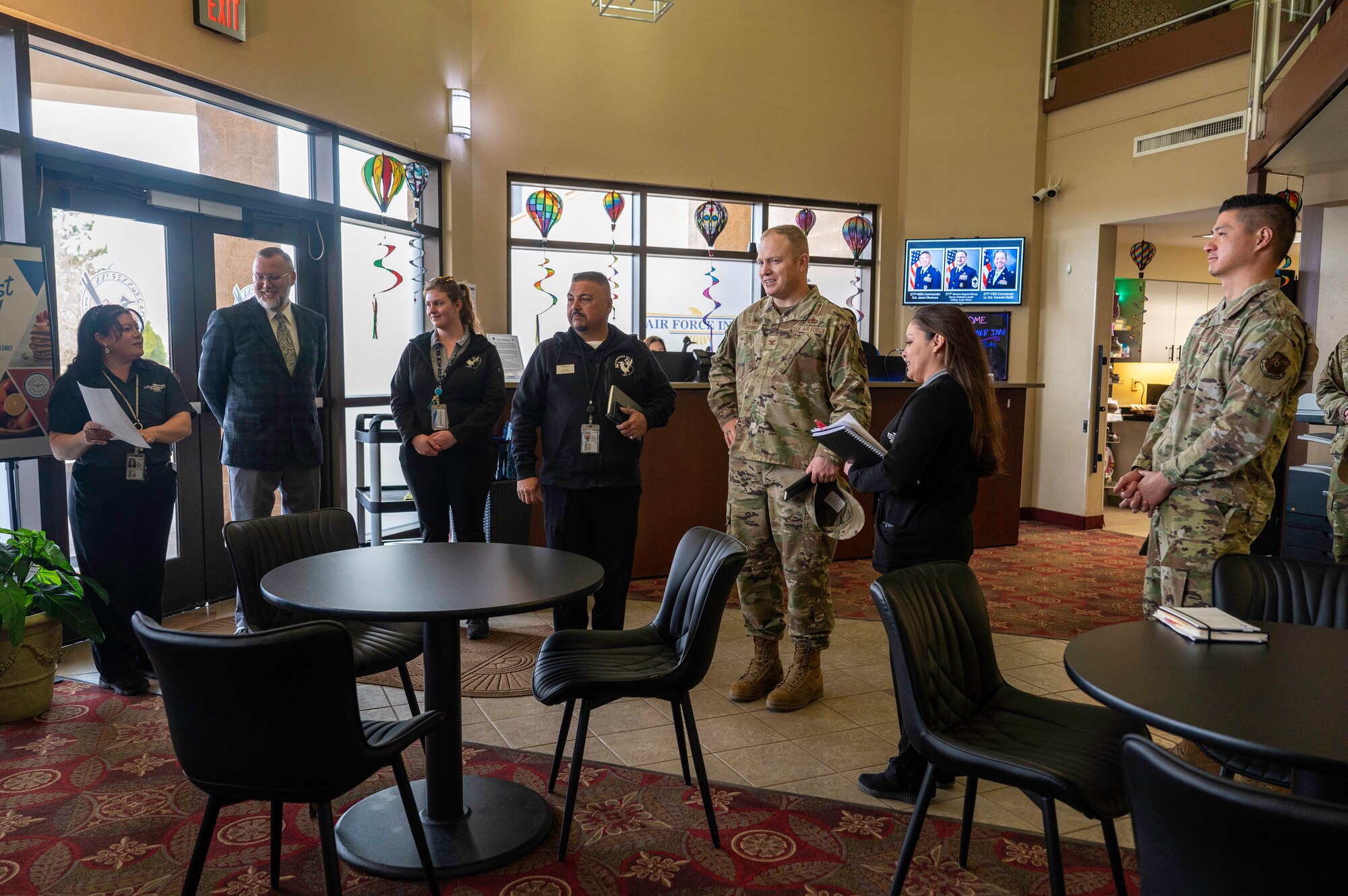Leadership from the 377th Air Base Wing learn about the new Smart Start Breakfast from staff at the Roadrunner Inn during a lodging tour at Kirtland Air Force Base, N.M., Feb. 10.