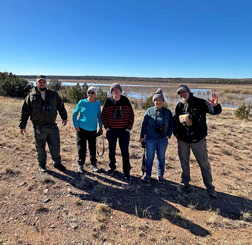 Three volunteers joined USACE-Santa Rosa staff and New Mexico State Parks personnel for the eagle watch event held at Santa Rosa Lake, N.M., Jan. 15, 2025. L-R: Joaquin Gallegos, maintenance technician, N.M. State Parks; Mary Garcia, volunteer from Rio Rancho, N.M.; Robert Mumford, retired park ranger, USACE-Santa Rosa Lake; Suzanne Kersten, volunteer from Albuquerque, N.M.; and Anthony Moncayo, maintenance worker, USACE-Santa Rosa Lake.