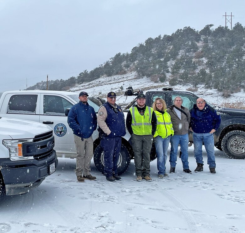 2025 was the first year USACE staff at Trinidad Lake held an eagle watch event. Unfortunately, due to inclement weather, only one eagle was spotted. L-R: Dan Smith, maintenance worker, USACE-Trinidad Lake; Floyd Duran, manager, Colorado Parks & Wildlife (CPW)-Trinidad Lake State Park; Zach Kemp, park ranger, USACE-Trinidad Lake; Kim Falen, lake manager, USACE-Trinidad Lake; Ross Palermo, volunteer; Bob Holder, district wildlife manager, CPW.