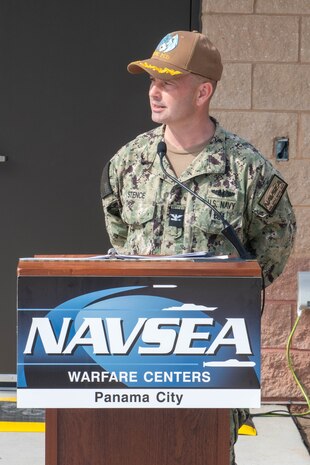 Capt. Paul Stence, Naval Surface Warfare Center Panama City Division (NSWC PCD) commanding officer, welcomed the workforce attending the Acoustic Test Facility and Instrumentation building ribbon-cutting ceremony, Feb. 5. The 1,400 square foot facility will provide instrumentation, data acquisition, and electronics staging areas, supporting the NSWC PCD Acoustic Test & Calibration Pier Service Cost Center. (U.S. Navy photo by Eddie Green)