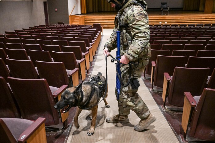 An Airman and a military working dog search a movie theater