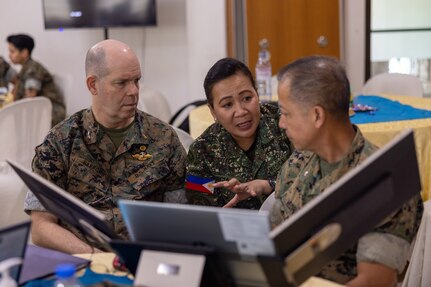 Participants discuss medical training opportunities during the 2025 Philippine Marine Corps-U.S. Marine Corps Forces, Pacific Marine-to-Marine Staff Talks, at Fort Bonifacio, Philippines, Feb. 5, 2025.