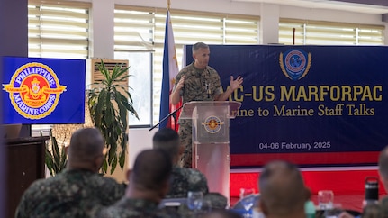 U.S. Marine Corps Col. Christopher Winn, assistant chief of staff, G-5 Plans Division, U.S. Marine Corps Forces, Pacific, delivers opening comments at the 2025 Philippine Marine Corps-MARFORPAC Marine-to-Marine Staff Talks at Fort Bonifacio, Philippines, Feb. 4, 2025.