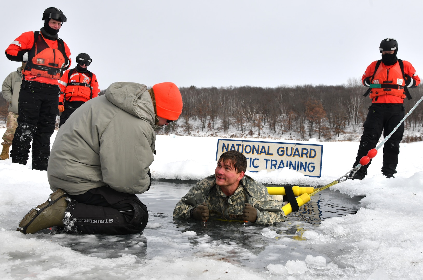 Staff Sgt. Noah Lukan, a Cyber Communications specialist assigned to the 148th Communications Squadron, 148th Fighter Wing, Minnesota Air National Guard, participated in a cold-water immersion as part of the Air National Guard's cold weather operations course at Camp Ripley Training Center, Minn., Feb. 7, 2025. Students participated in a six-day, five-night Field Training Exercise where they traveled on foot in subzero temperatures, using land navigational skills, to build camps featuring either a 10-man Arctic tent or thermal shelters made from materials found in nature. Students were comprised of mostly Security Forces specialists, but also included a Maintenance Group Commander, Physician Assistant, Cyber Communications Specialist, and a Public Affairs Specialist. The course taught service members to conduct mission-essential tasking in extreme cold environments.