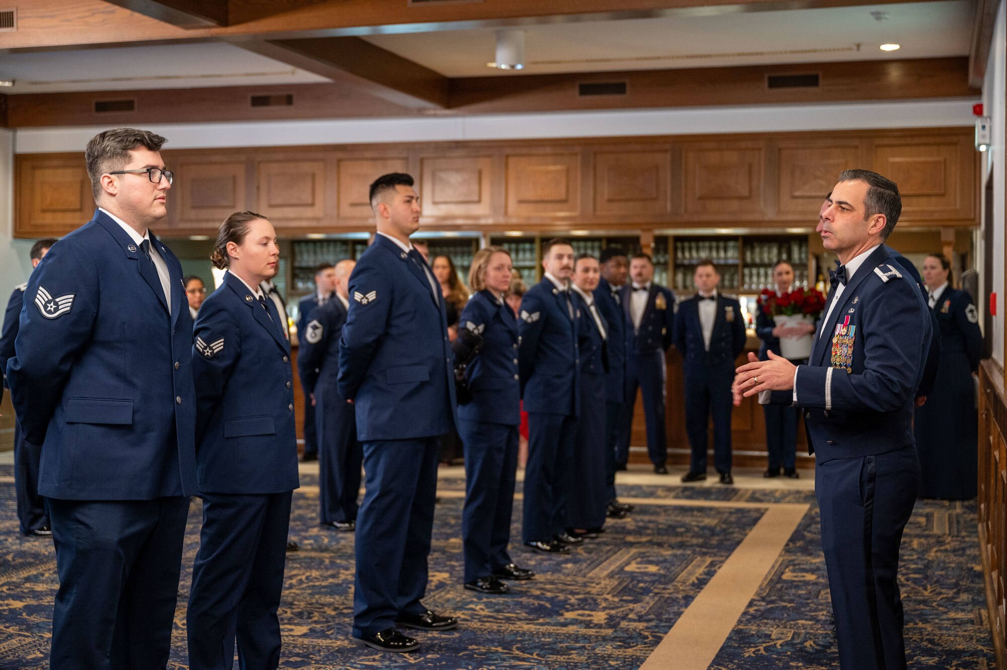 U.S. Air Force Col. Jamil I. Musa, right, 86th Airlift Wing deputy commander, presents medallions to nominees for the 86th AW Annual Awards Ceremony at Ramstein Air Base, Germany, Feb. 7, 2025. The ceremony recognized 12 award winners as well as all the nominees from the 86th AW for their accomplishments and contributions over the last year.