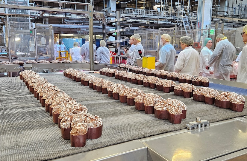 Members of Logistics Readiness Center Italy tour the Bauli International Pastry Factory in Verona, Italy, Feb. 5 during a leadership development program site visit to the Italian confectionary art manufacturing facility. (Photo by Elena Esposito)